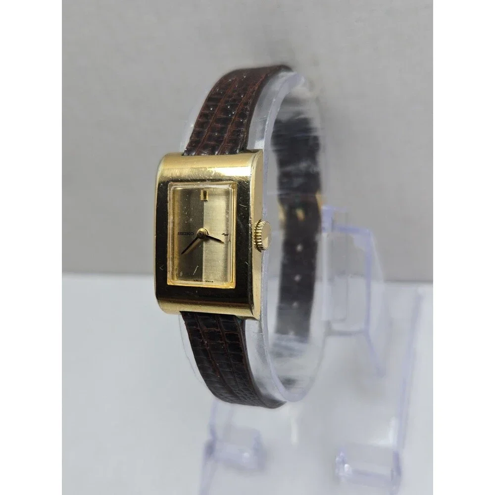 Rare Vintage Seiko Womens Tank Dress Watch Gold Tone Manual Winding Leather Runs